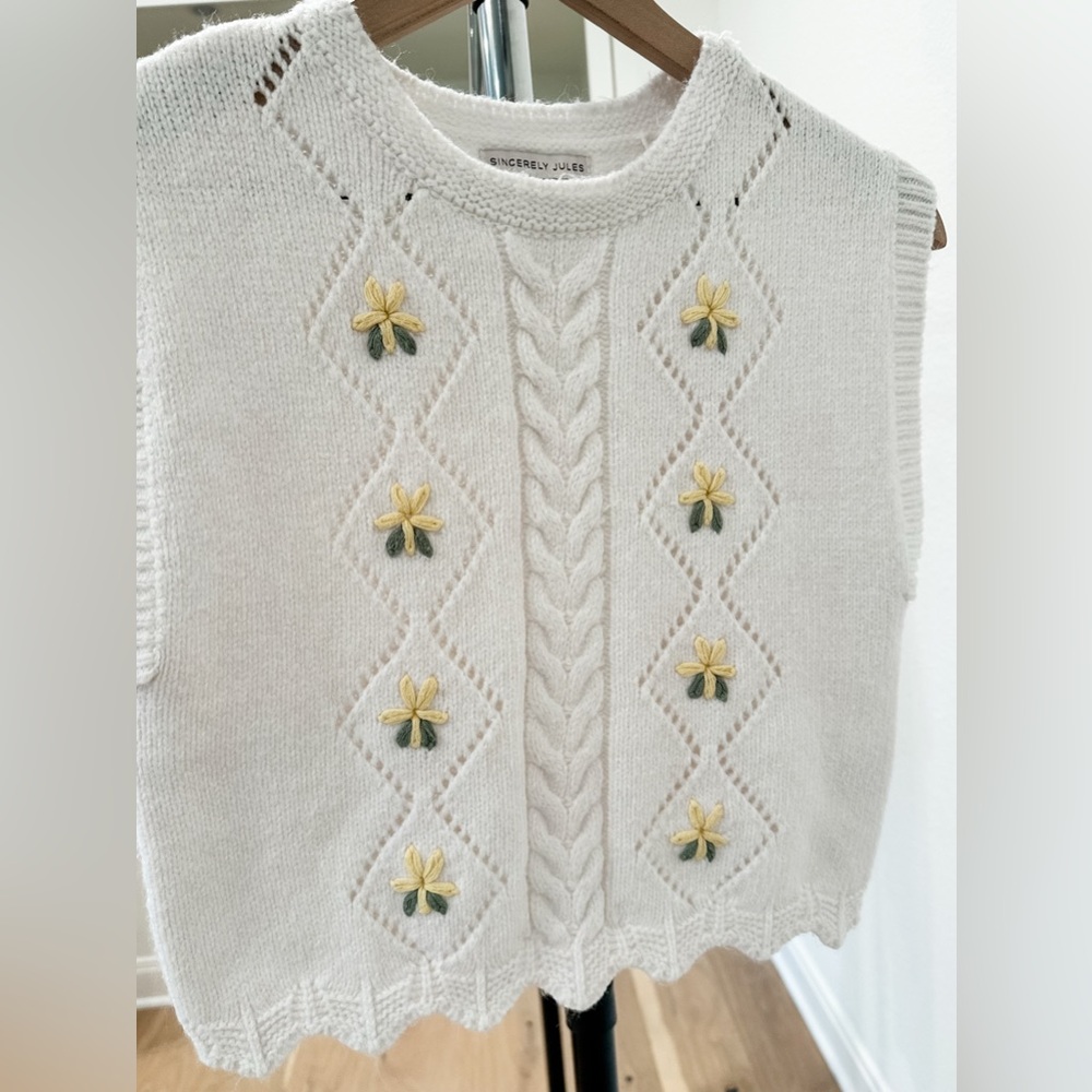 Sincerely Jules Cream Sweater Vest with Yellow Floral Details